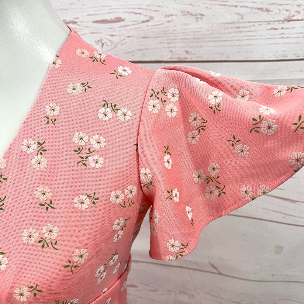 Vintage Coral Peach Ditzy Floral Daisy Cottagecore Flutter Sleeve Maxi Dress - Picture 8 of 11